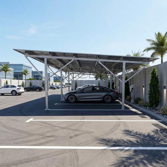 Modern solar carport structure providing clean solar power and reliable vehicle shading solutions